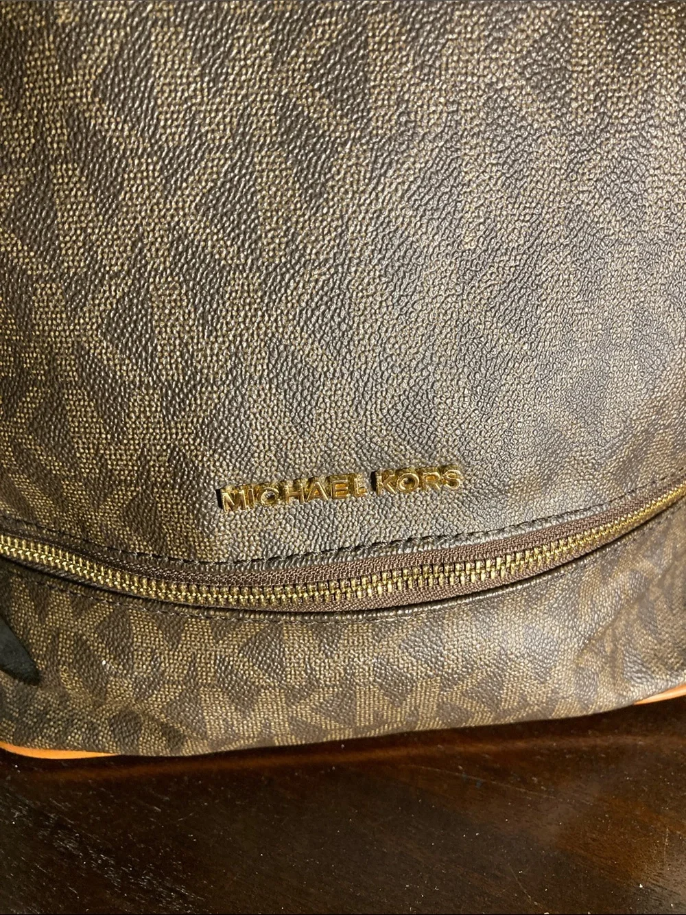 Michael Kors Brown Rhea MK Logo Backpack with Gold Hardware